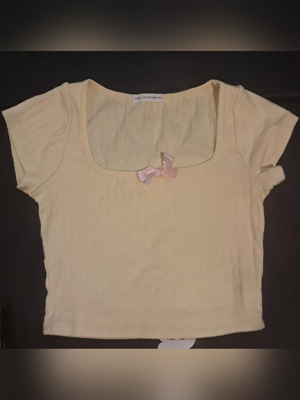 Cream Ribbed Scoop Crop Top with Pink Bow